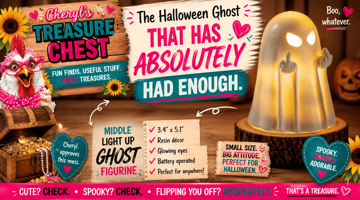 Middle Light Up Ghost Halloween figurine, a 3.4-by-5.1-inch resin ghost with glowing eyes and raised middle fingers, displayed on a wood-look base with Cheryl’s Treasure Chest Halloween branding.