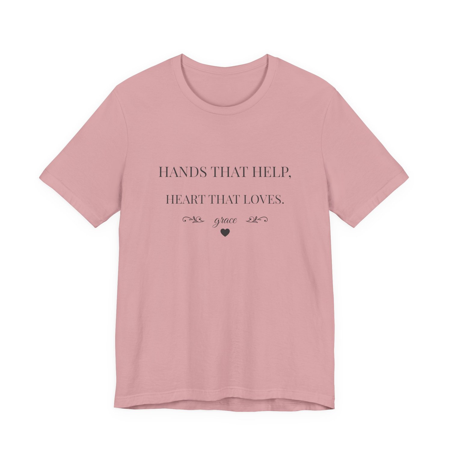 Hands That Help Heart That Loves caregiver shirt in Orchid.”