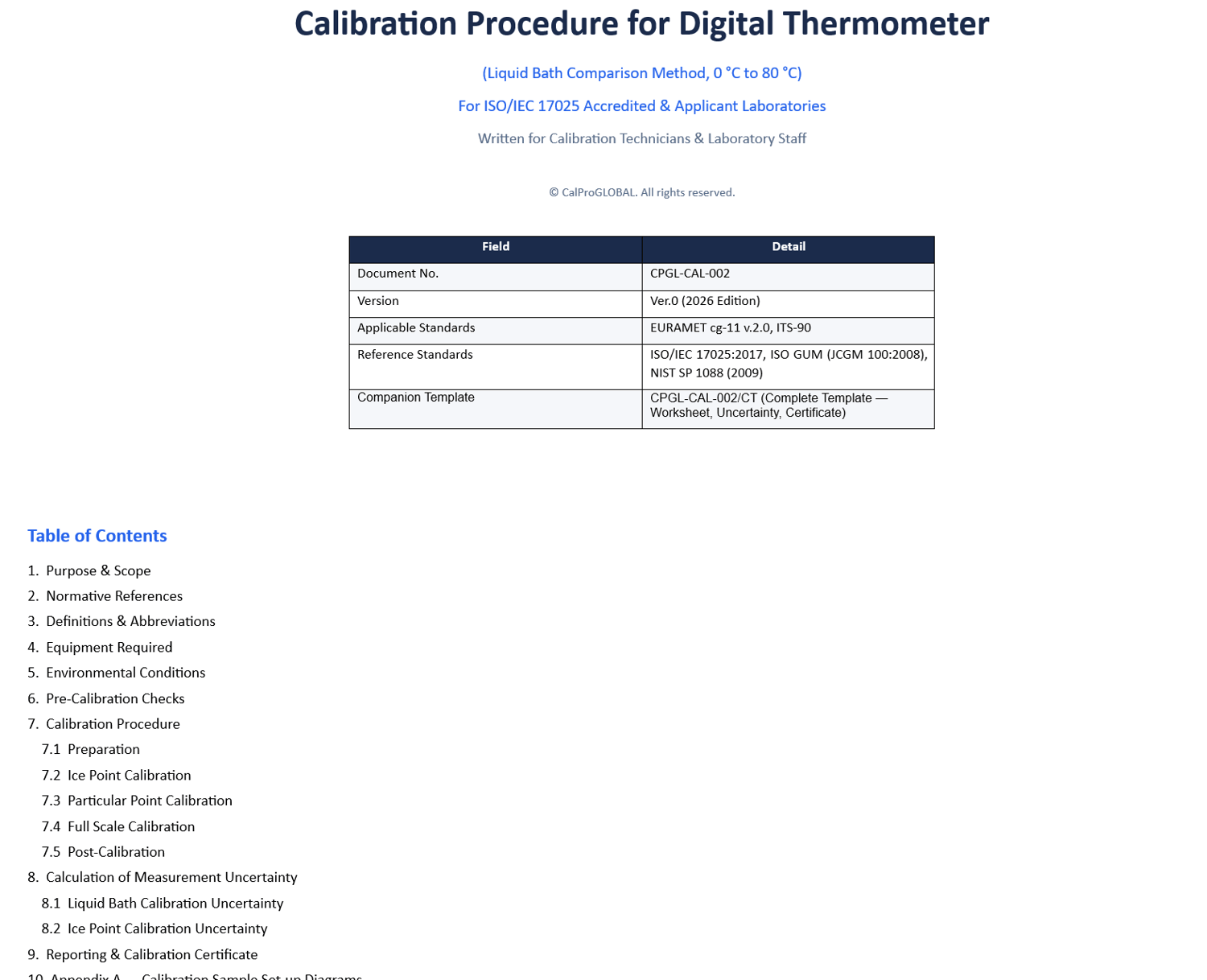 CalProGLOBAL Toolkit bundle for ISO 17025 calibration uncertainty calculation excel template and procedure for digital thermometer