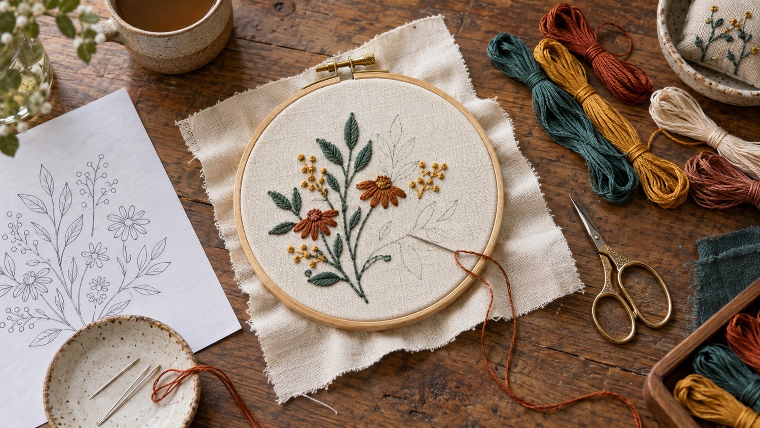 Floral Cozy embroidery laid out on wooden table
