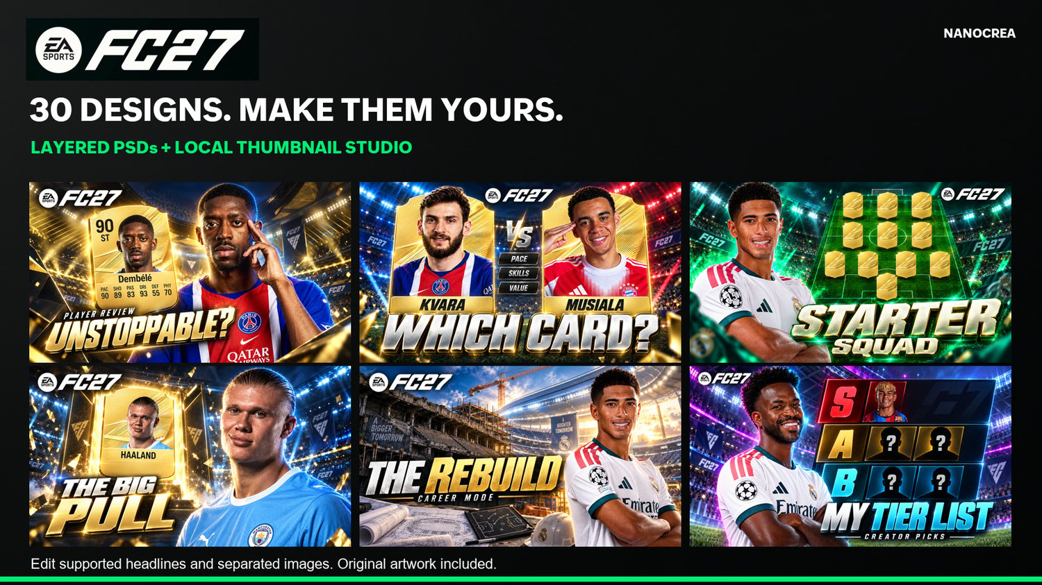 Examples from the 30 included FC27 thumbnail designs and reconstructed editable PSDs