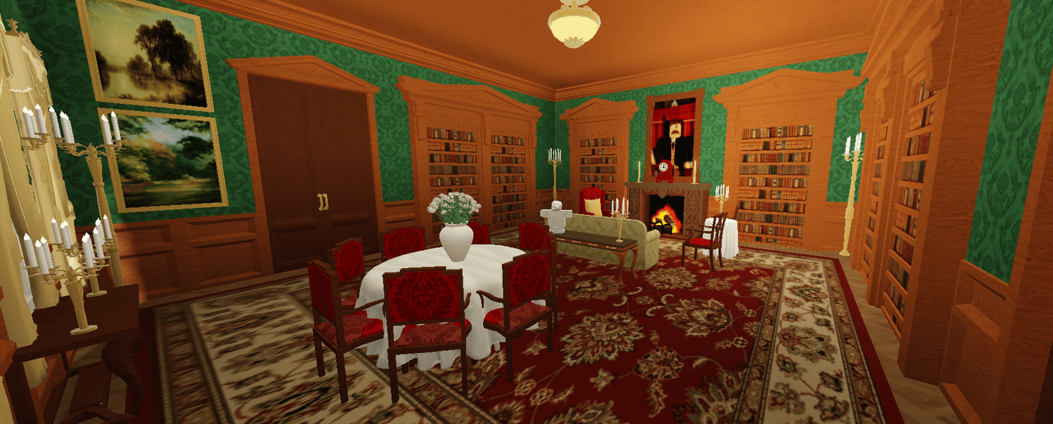 Belcourt Palace library with fireplace