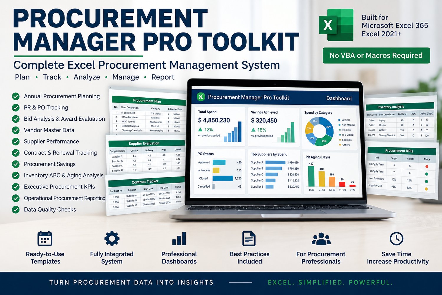 1. Procurement Manager Pro Excel toolkit dashboard with PR and PO tracking, supplier performance, contracts, savings and inventory analysis