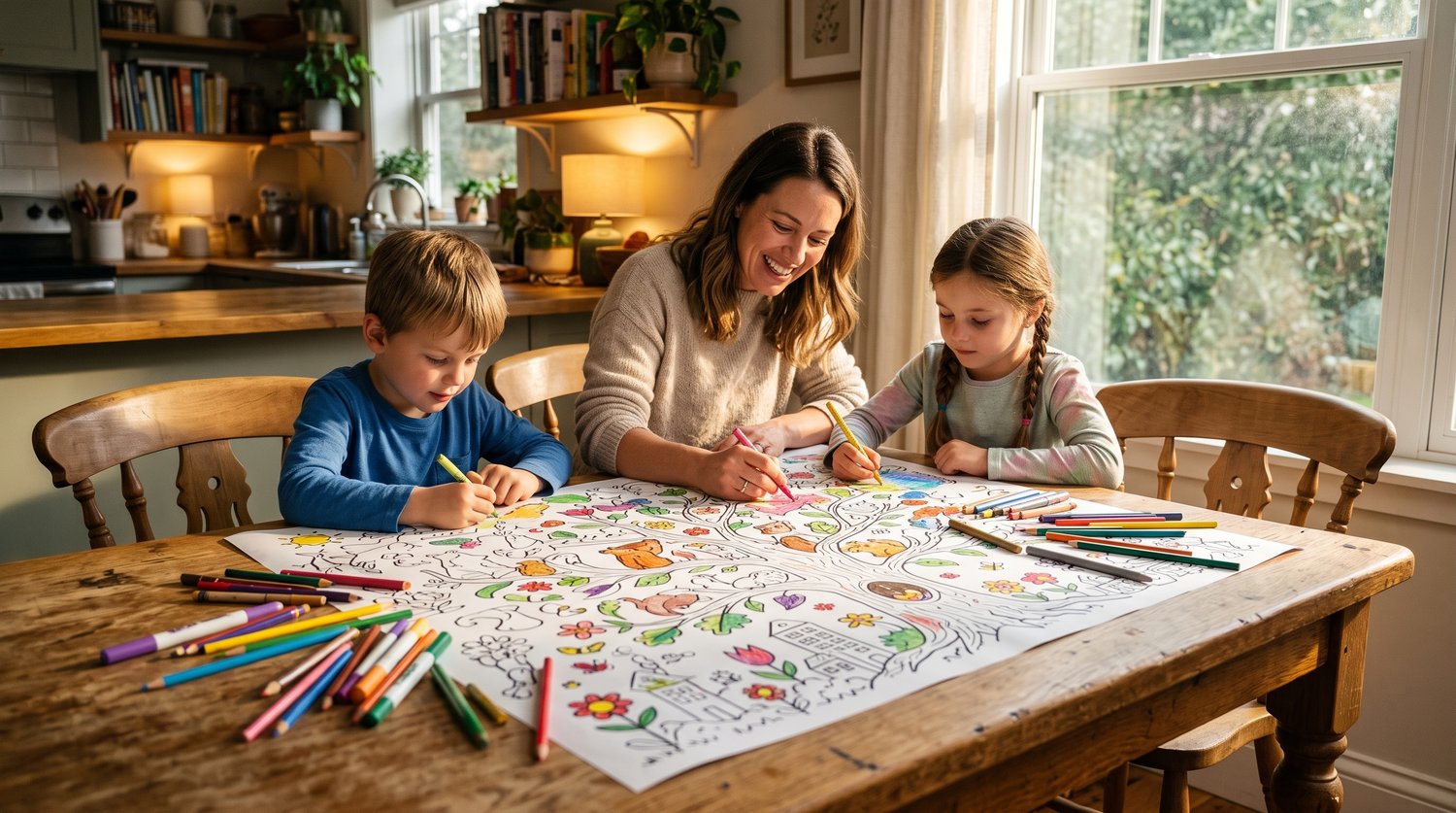 Family sitting at a dining table using colored pencils on a large paper coloring poster.