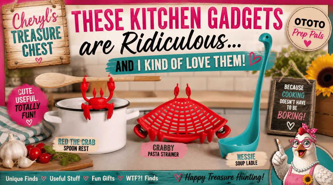 OTOTO Prep Pals kitchen gadget set featuring a red crab spoon rest, red crab pasta strainer, and blue Nessie soup ladle.