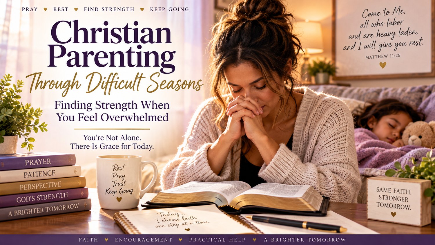 Weary Christian parent finding strength and peace through prayer during a difficult parenting season
