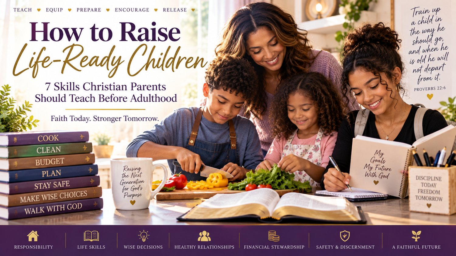 Christian parents teaching children practical life skills and preparing them for adulthood