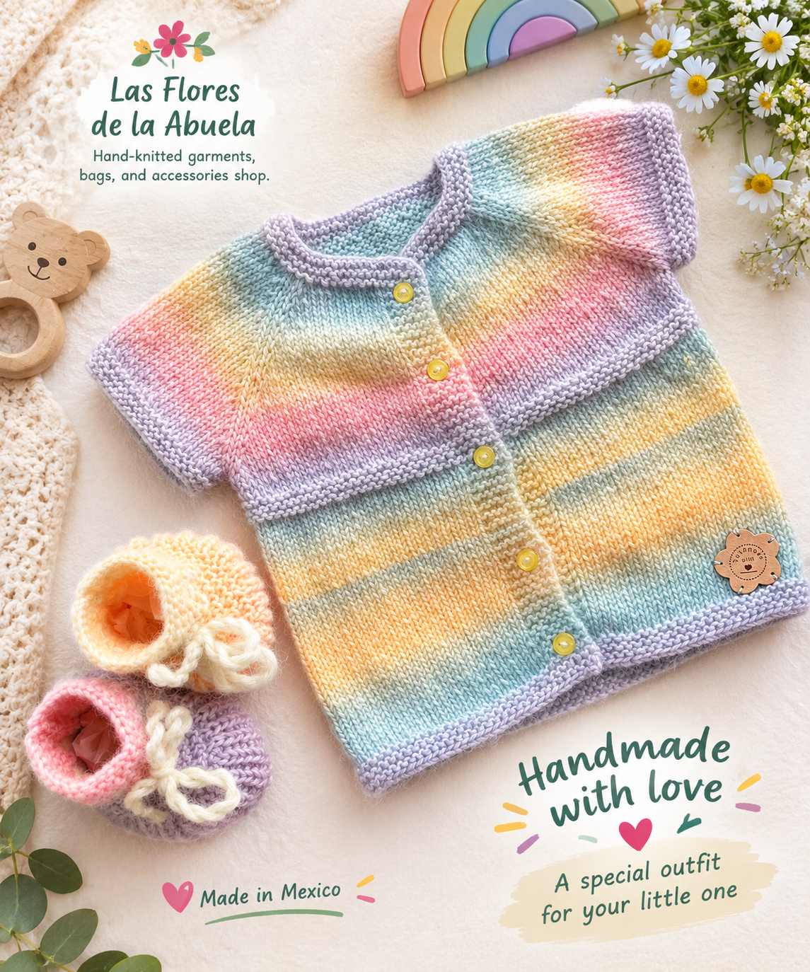 Hand knitted rainbow blouse laying on a table with its matching booties for a baby