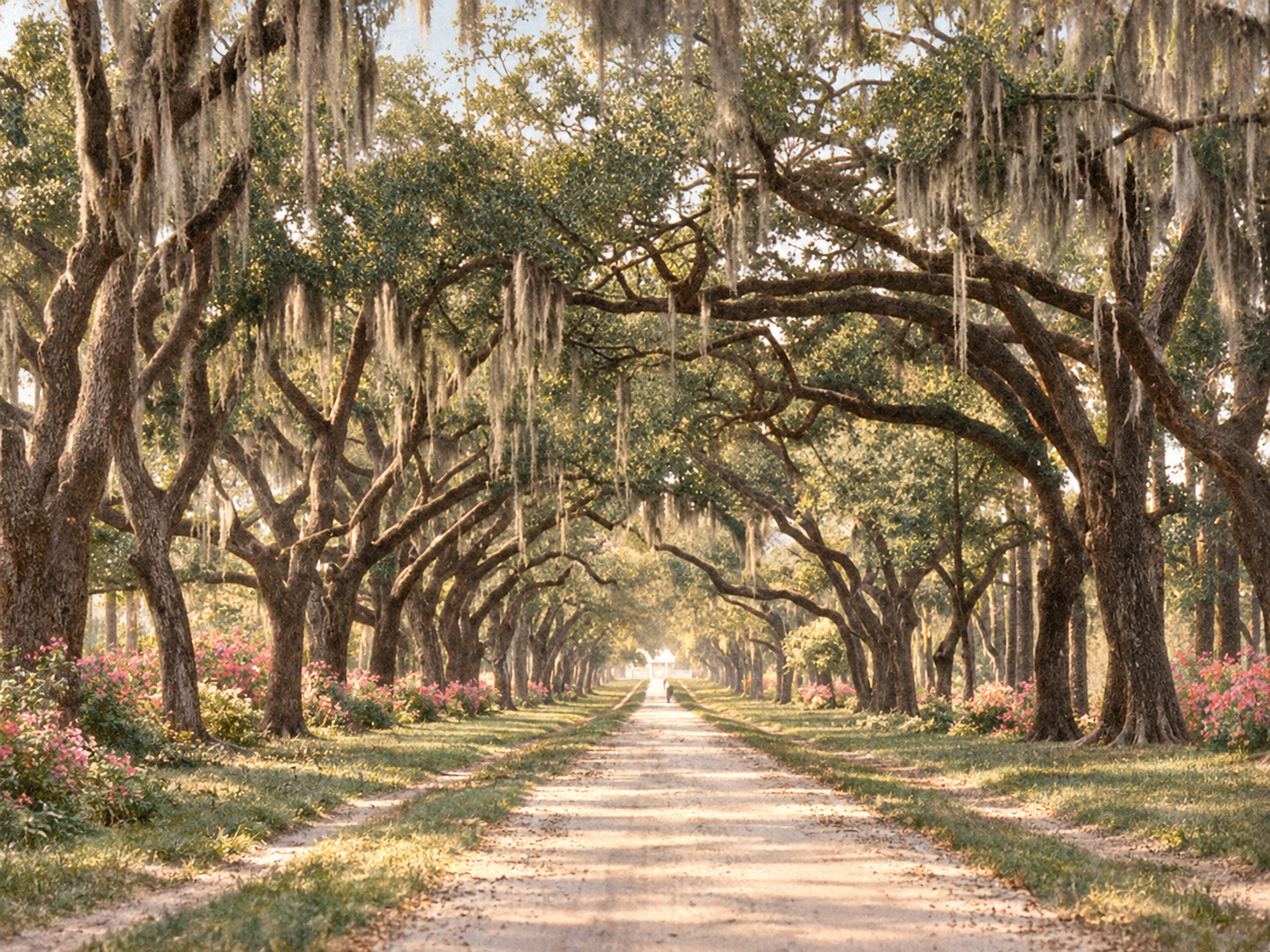 Vintage hand-tinted photograph of a tree-lined country road beneath moss-draped oak trees