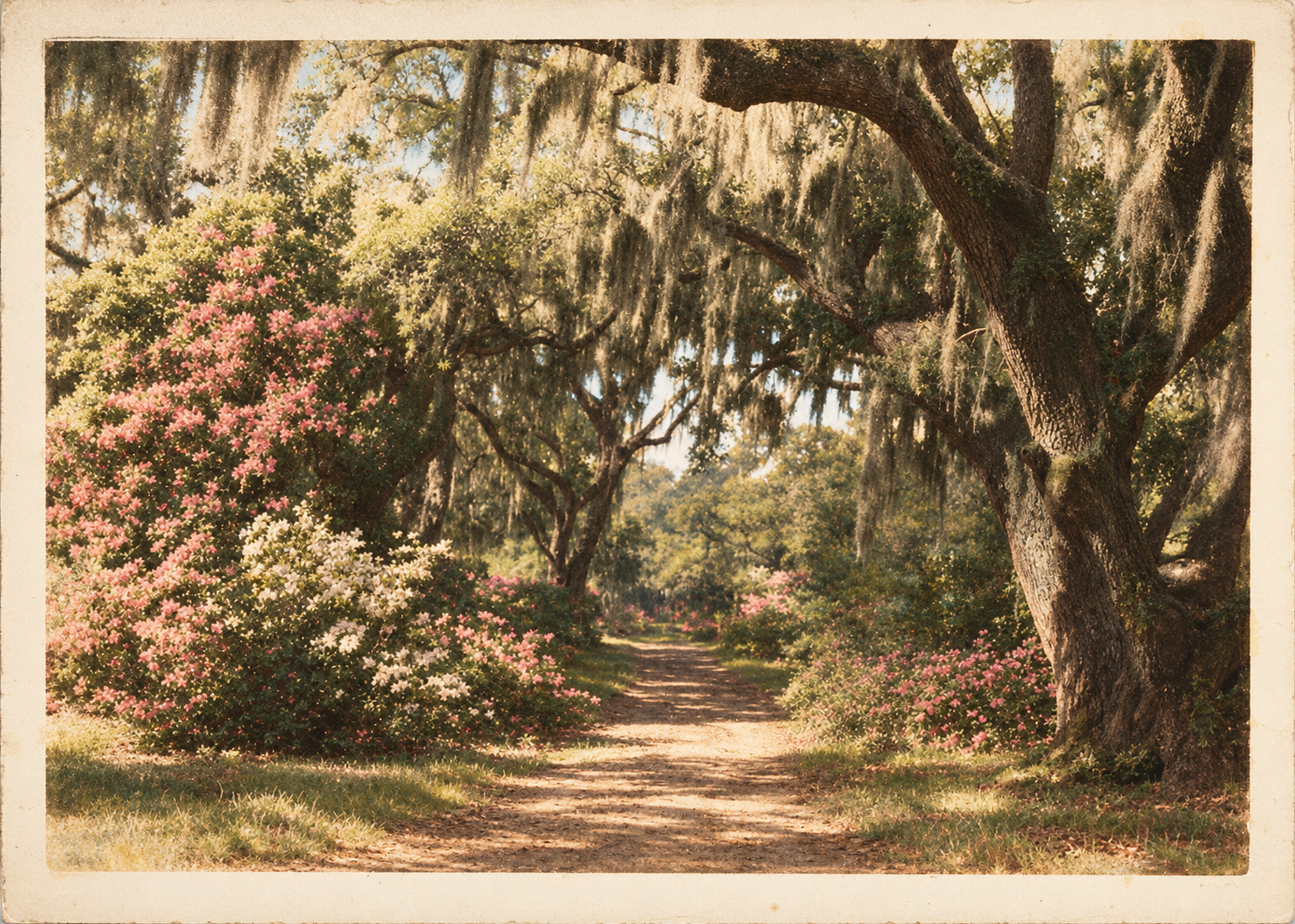 Vintage hand-tinted photograph of a peaceful tree-lined dirt road.