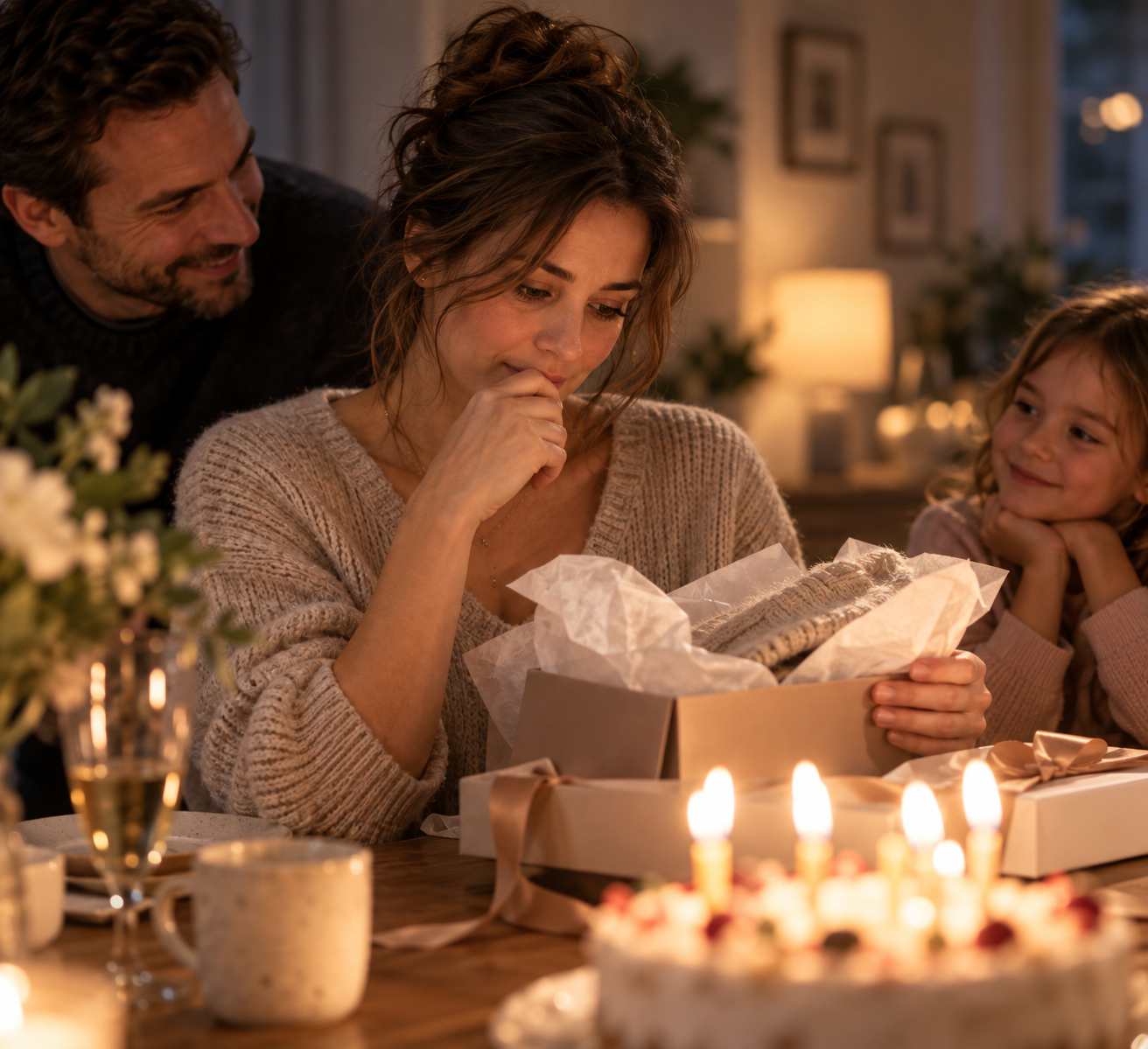 Woman opening a birthday gift with her family while feeling emotionally numb despite knowing she should feel happy.