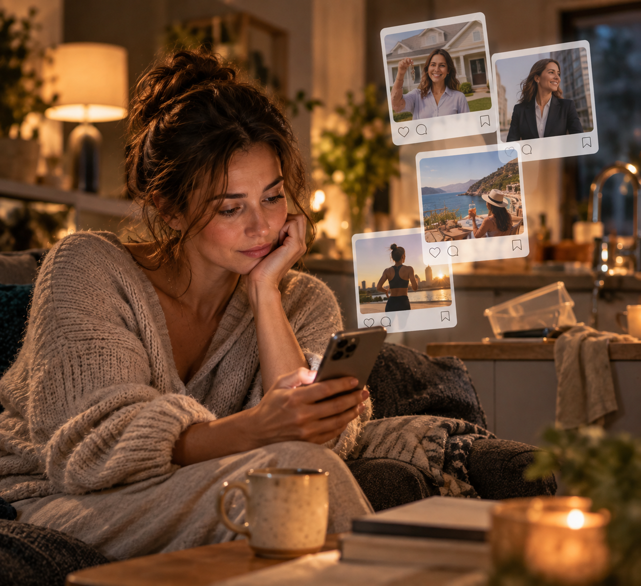 Woman scrolling through social media at home and comparing her life to others’ milestones, reflecting the feeling of being behind in life.