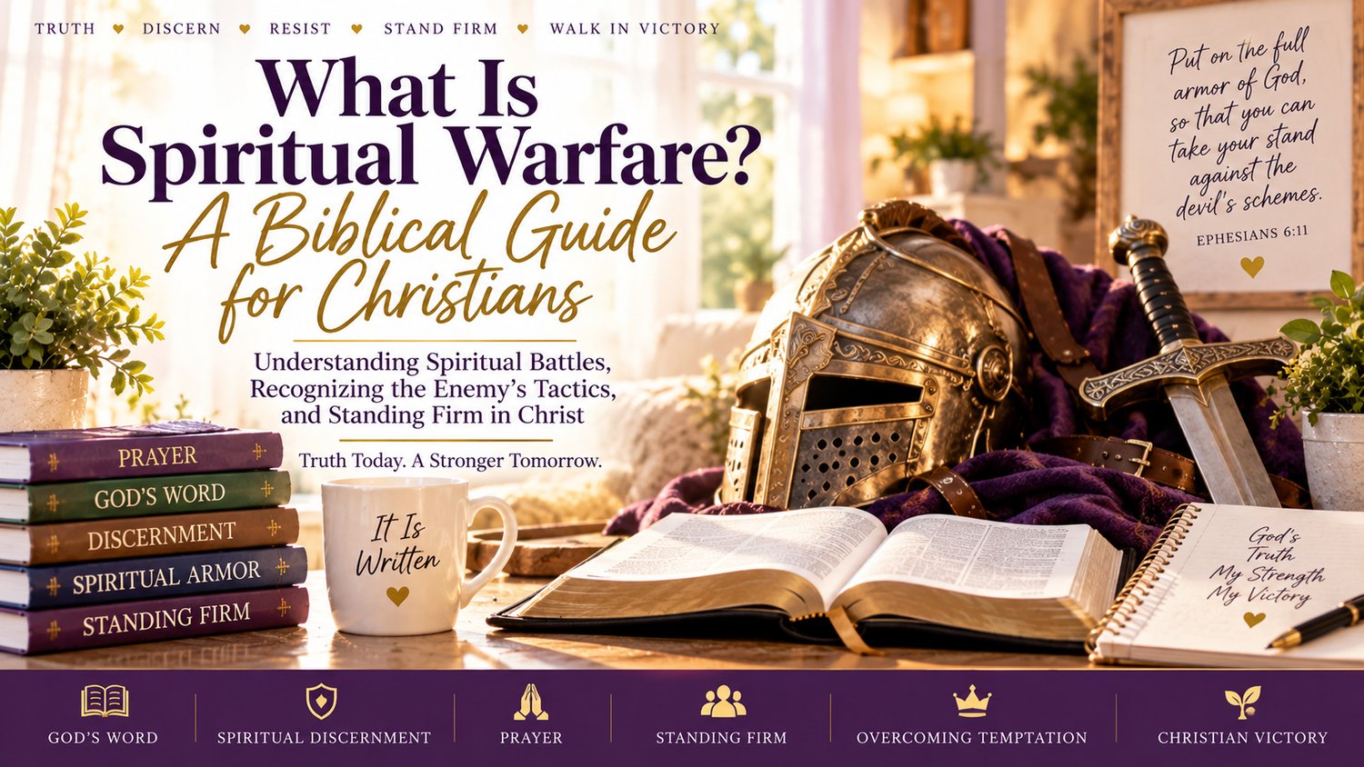 Christian spiritual warfare Bible study with a believer standing firm in faith