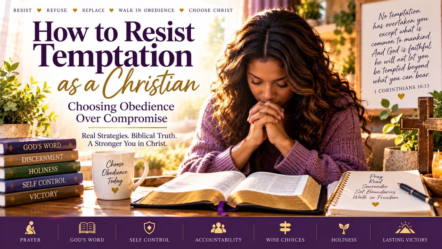 Christian resisting temptation through prayer, Scripture, and faith in Christ