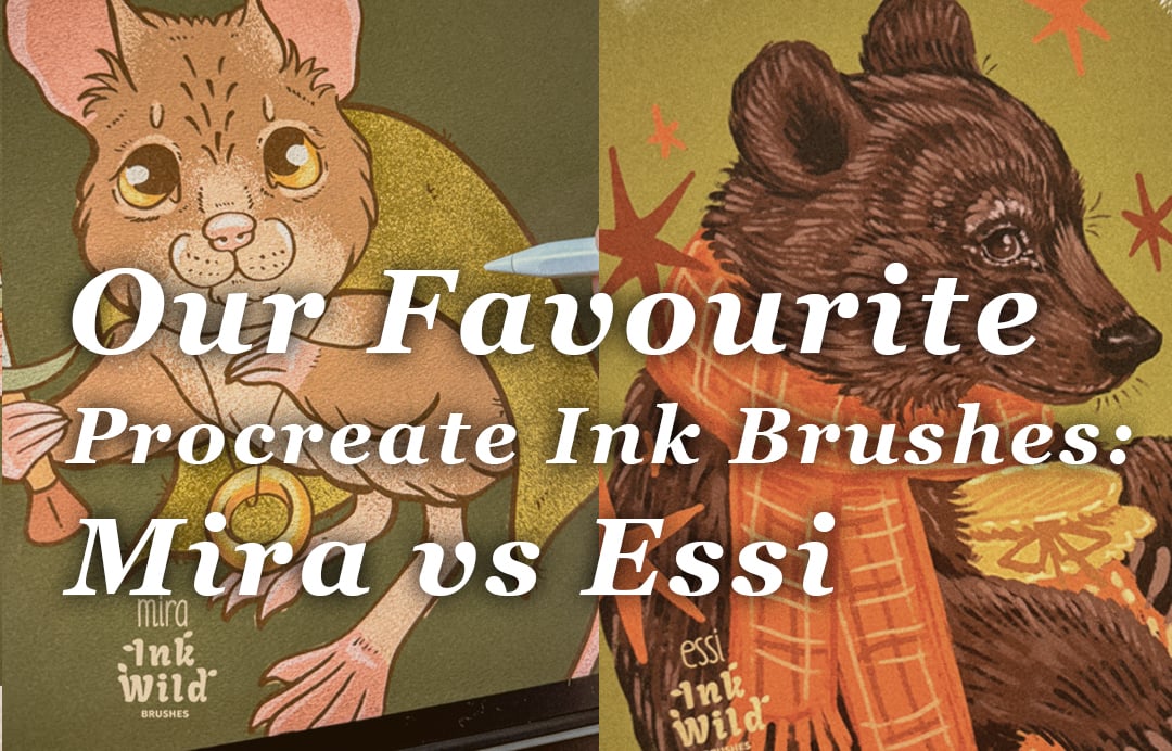 Which Midnight Ink brushes do Mira and Essi actually use? Discover our favourite Procreate ink brushes for linework, texture, shading, tattoo designs and Inktober.