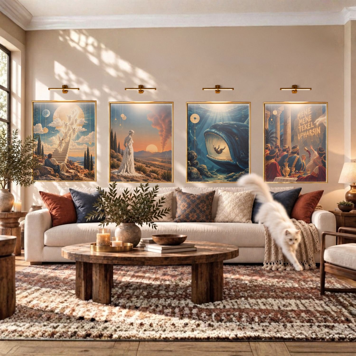 Art set of 4 Christian posters displayed on a wall. Frames not included.