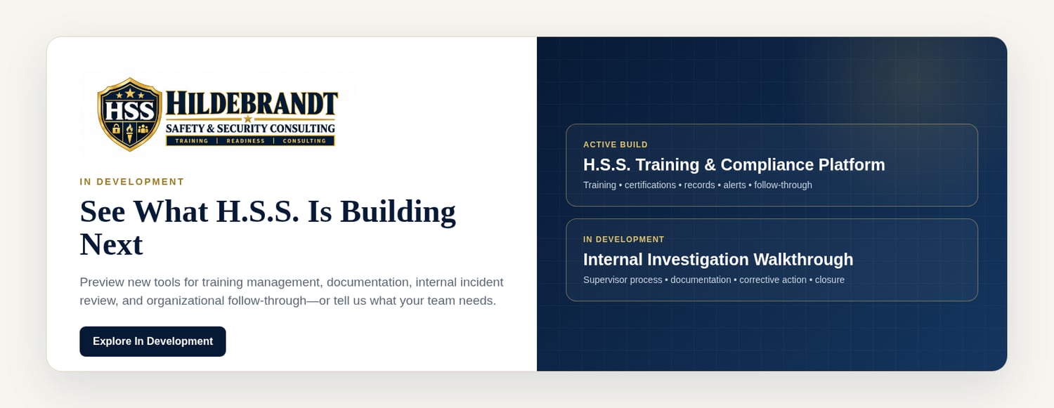 H.S.S. In Development preview featuring the Training & Compliance Platform and Internal Investigation Walkthrough.