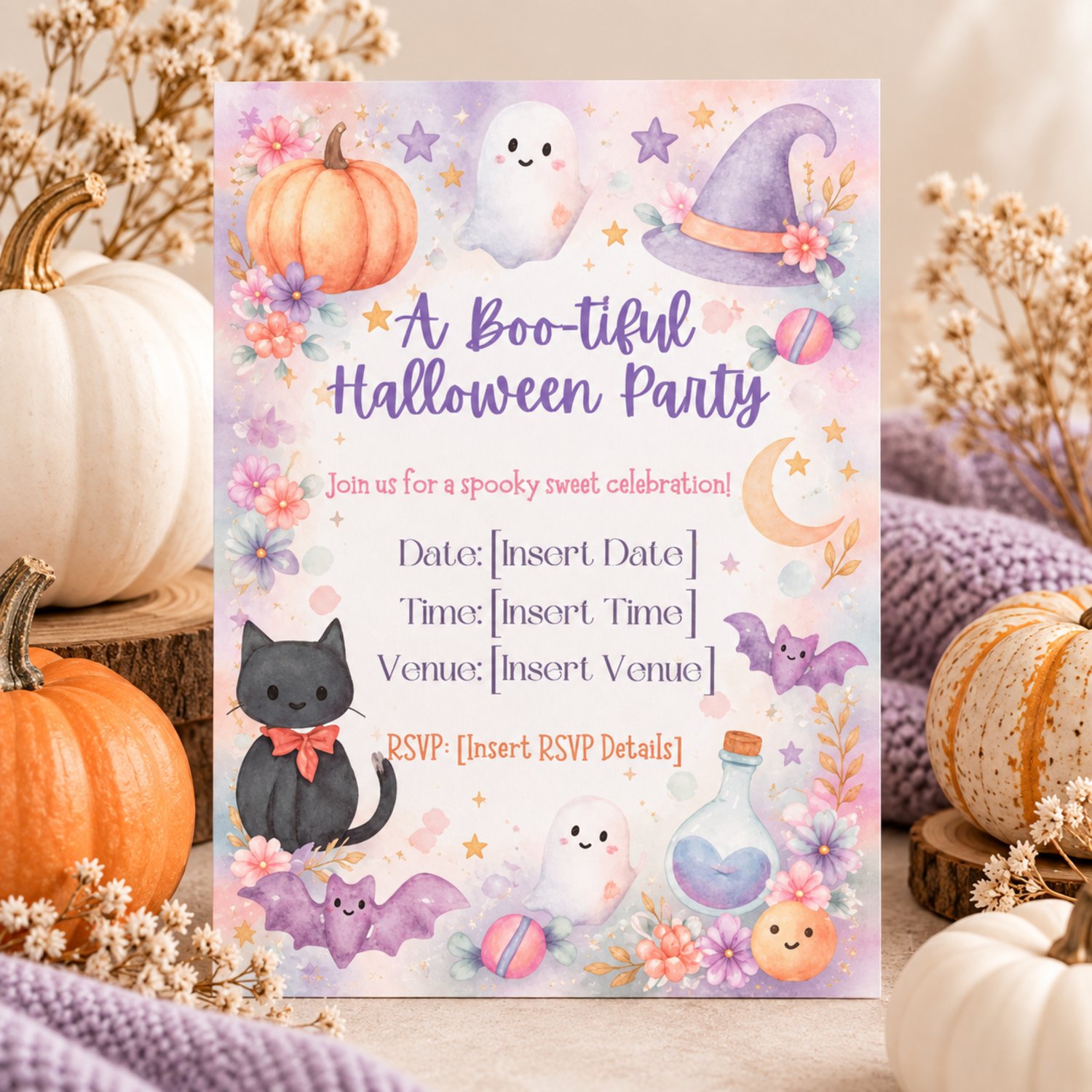 Dreamy pastel Halloween party invitation with watercolour pumpkins, ghosts, black cat and witch hat, displayed with white pumpkins and dried flowers