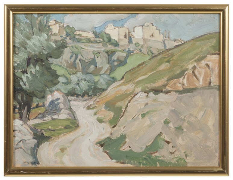 An impressionist painting of The Road to Jerusalem. A narrow path passes rocks and a green slope on the right. A white-walled city is on the hill ahead.