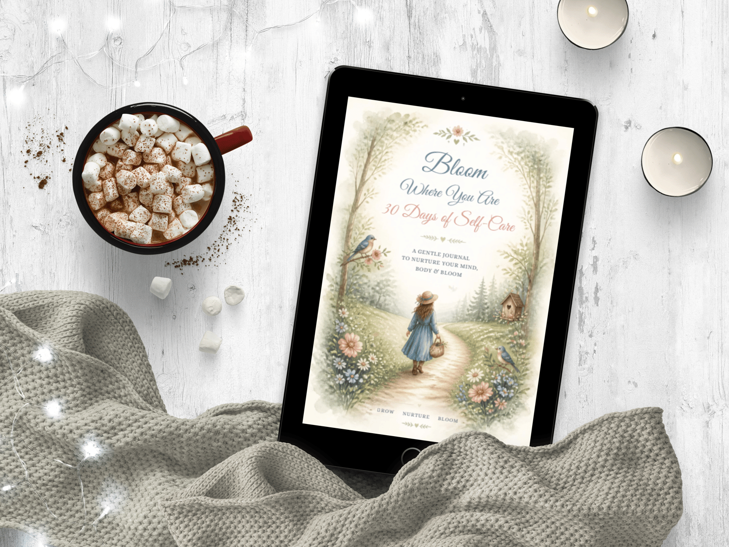Bloom Where You Are self-care journal displayed on a tablet beside hot chocolate with marshmallows, tea light candles and a grey knitted blanket