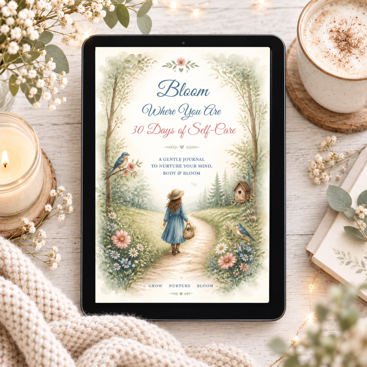 Bloom Where You Are 30 Days of Self-Care journal cover on a tablet, surrounded by a candle, latte, baby's breath flowers and a cream knitted blanket