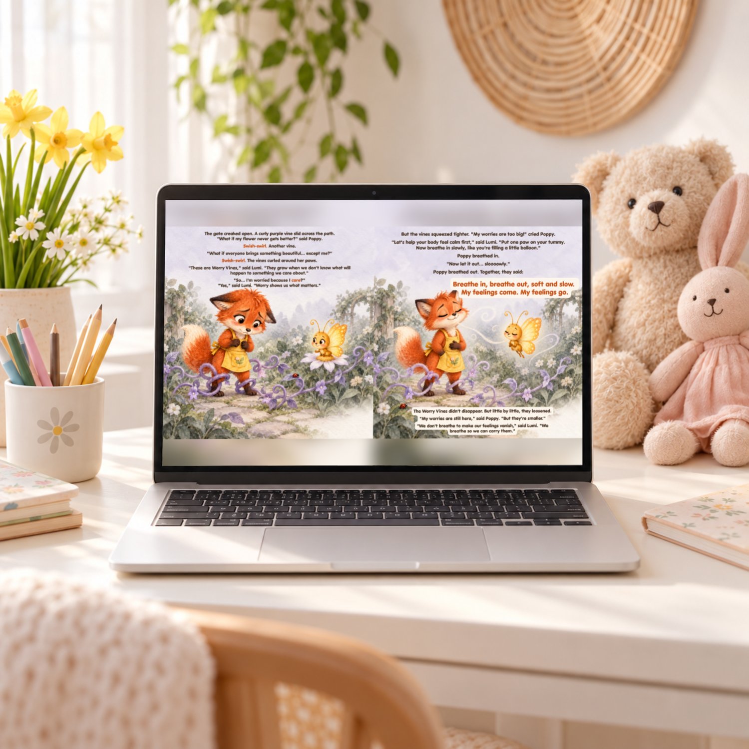 Poppy and the Garden of Feelings children's storybook open on a laptop, showing Poppy the fox and Lumi the butterfly