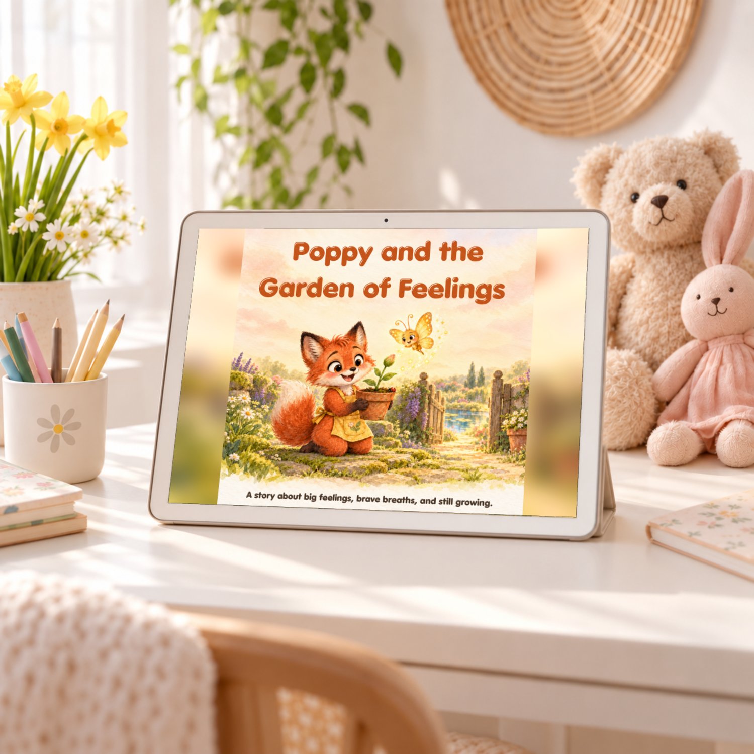 Cover of Poppy and the Garden of Feelings, a children's book about big feelings, shown on a tablet