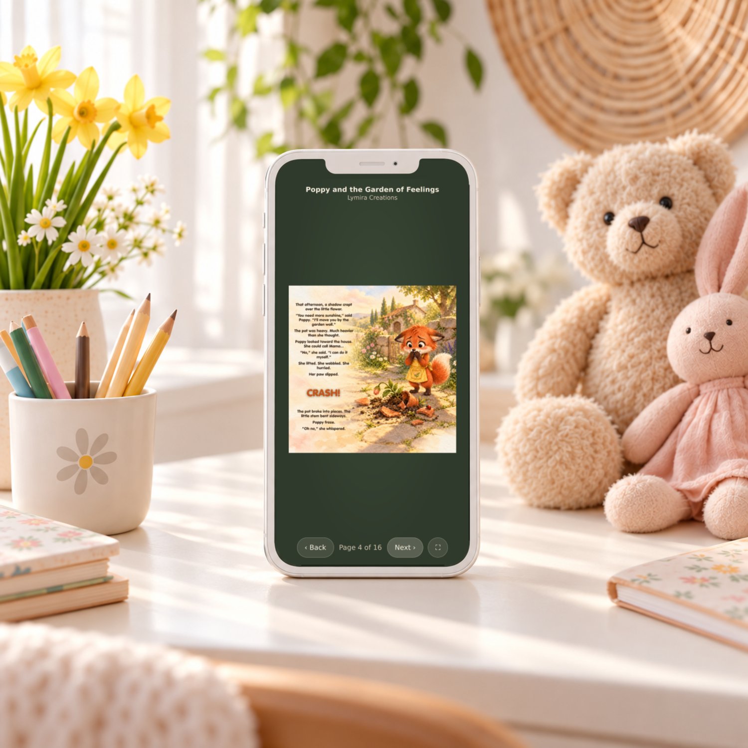 Poppy and the Garden of Feelings online flipbook on a phone, showing Poppy the fox after her flower pot breaks