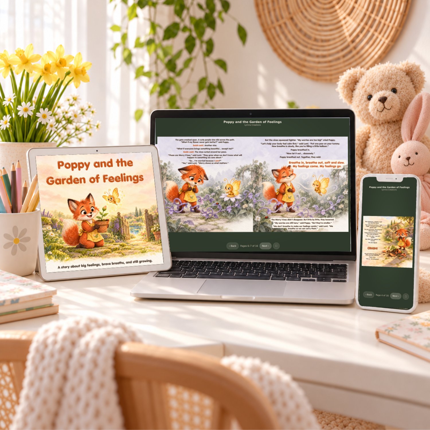 Poppy and the Garden of Feelings flipbook shown on a tablet, laptop and phone, readable on any device