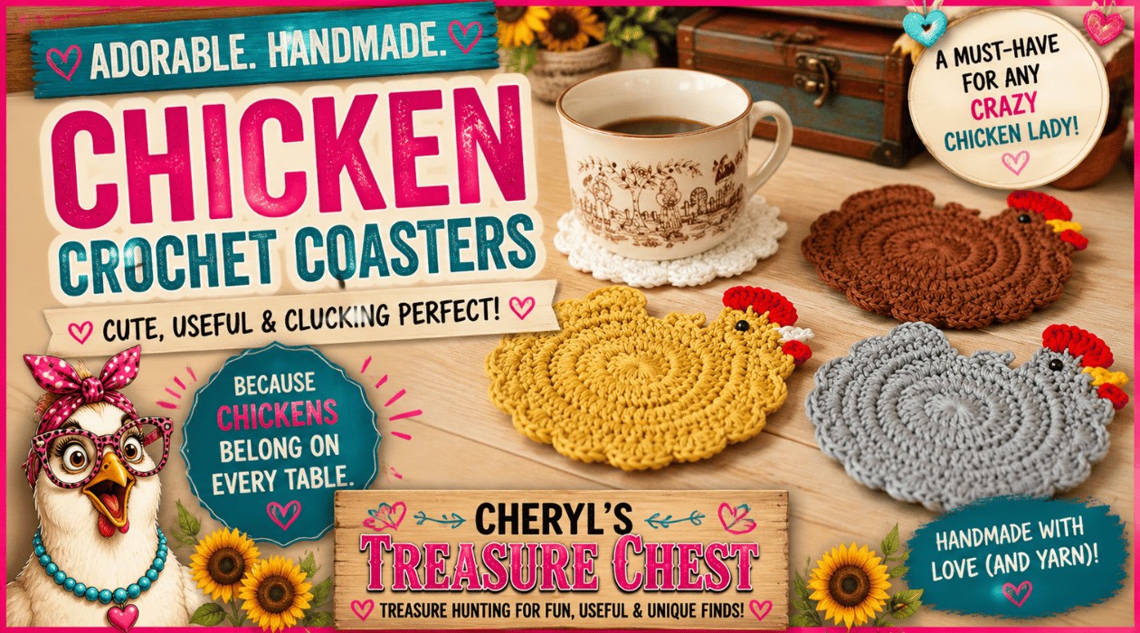 Handmade crochet chicken coasters in brown, yellow, gray and white arranged around a coffee cup on a wooden table, featured in a colorful Cheryl’s Treasure Chest graphic with chicken-themed decor and playful lettering.