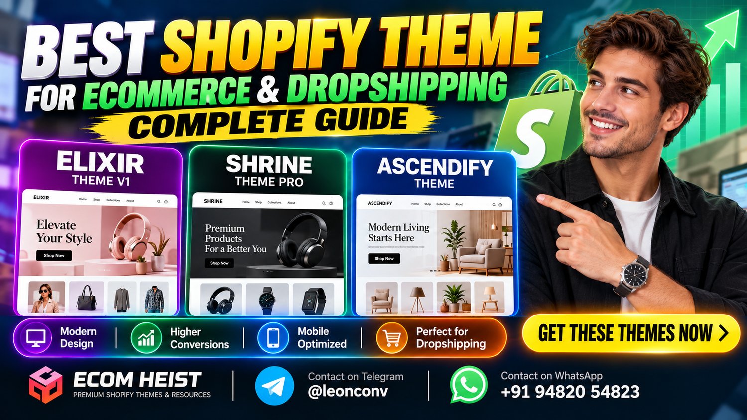 Best Shopify themes for ecommerce and dropshipping featuring Elixir Theme V1, Shrine Theme Pro, and Ascendify Theme by ECOM HEIST.