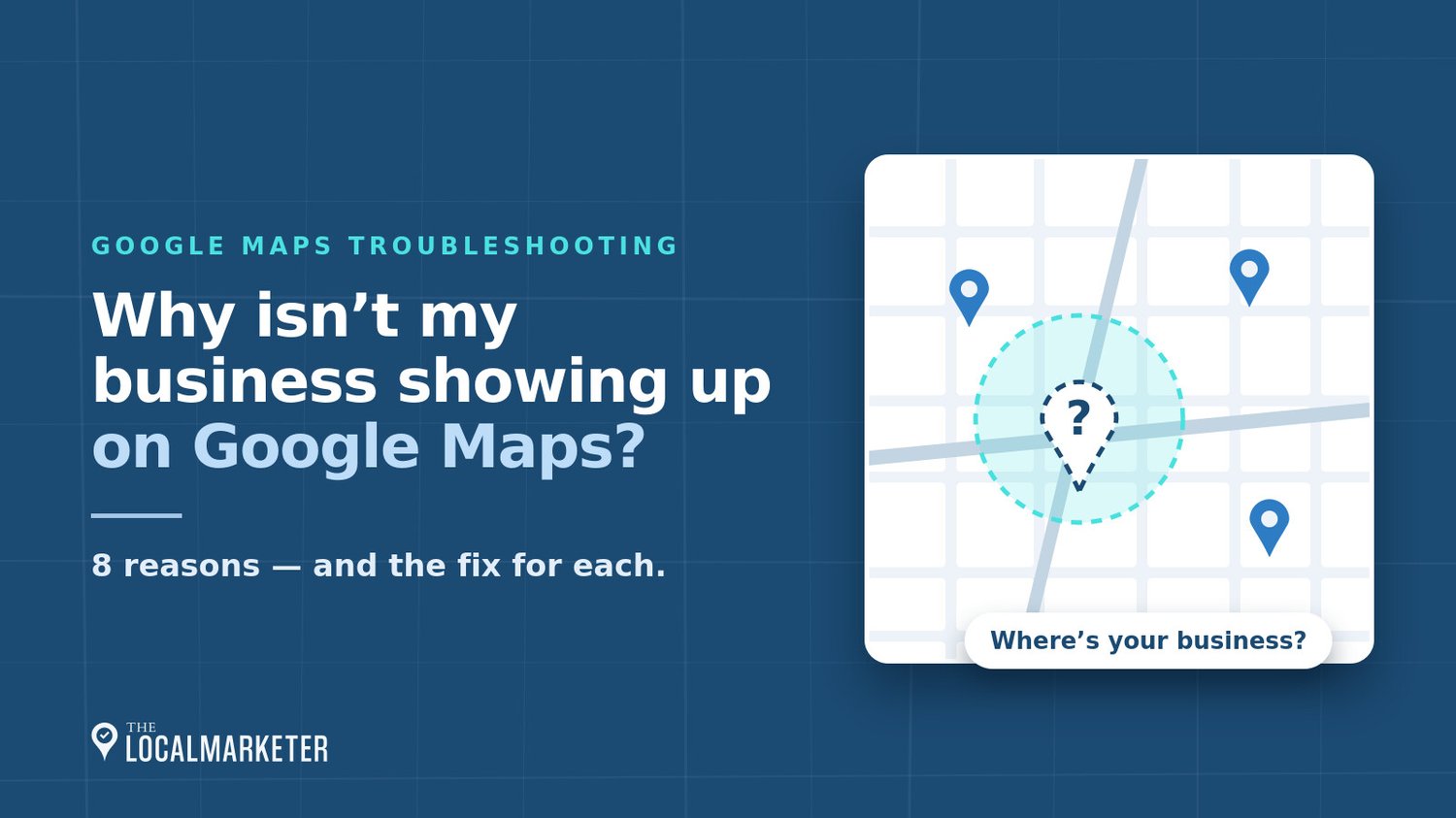 Map showing competitor pins and a missing pin with a question mark — why isn't my business showing up on Google Maps.