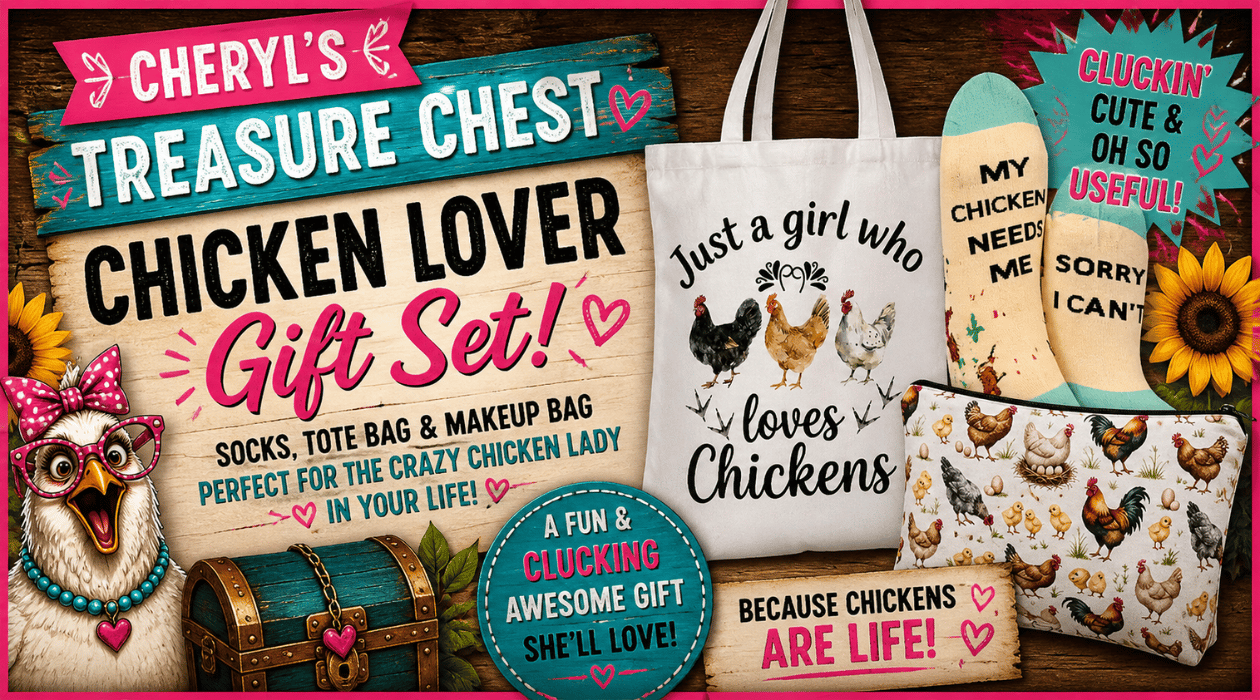 Three-piece chicken lover gift set featuring a chicken-print canvas tote bag, chicken-patterned makeup bag, and novelty chicken socks, presented in a colorful Cheryl’s Treasure Chest graphic with a sassy chicken mascot, sunflowers, treasure chest, and pla