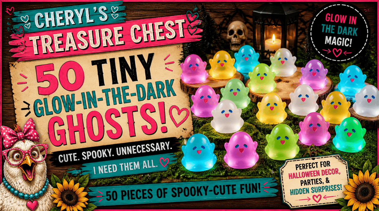 Fifty tiny colorful glow-in-the-dark Halloween ghost figurines displayed on moss and wood slices in a spooky outdoor scene, featured in a vibrant Cheryl’s Treasure Chest graphic with Halloween decor, sunflowers, treasure chest branding, and sassy chicken 