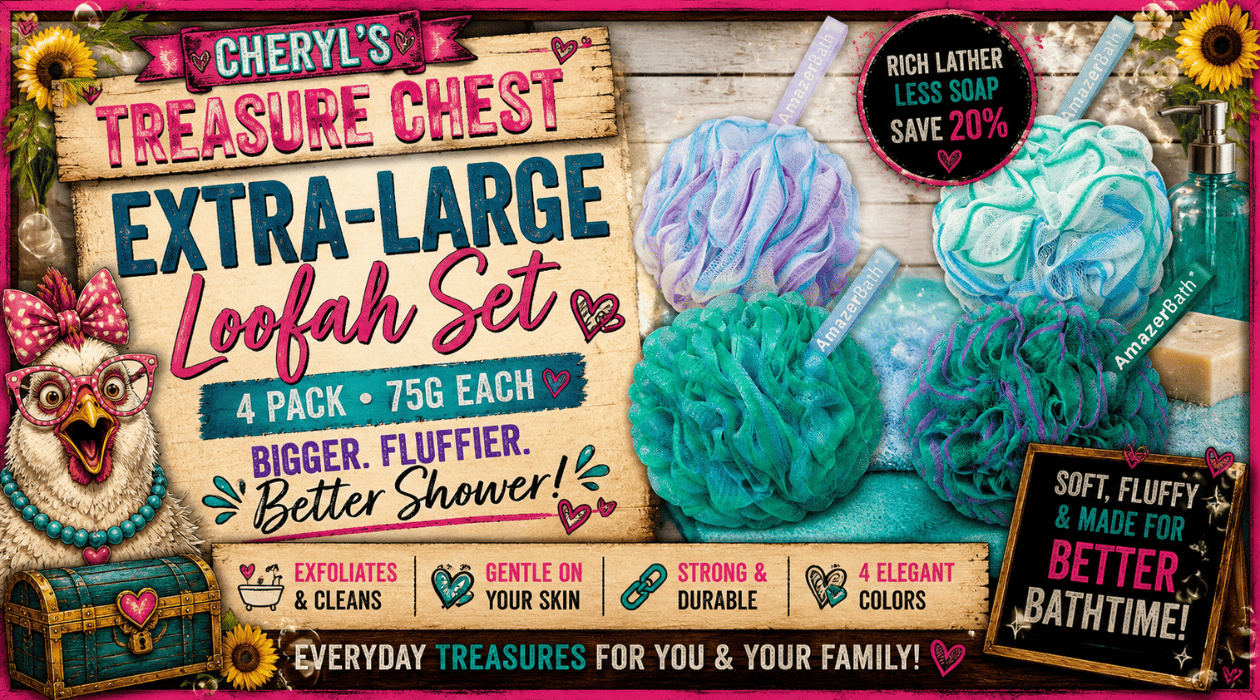 Four extra-large AmazerBath loofah sponges in lavender, blue, green, and purple are displayed in a colorful Cheryl’s Treasure Chest graphic, highlighting the 4-pack, 75g size, rich lather, exfoliating and cleansing use, durability, and four color options.
