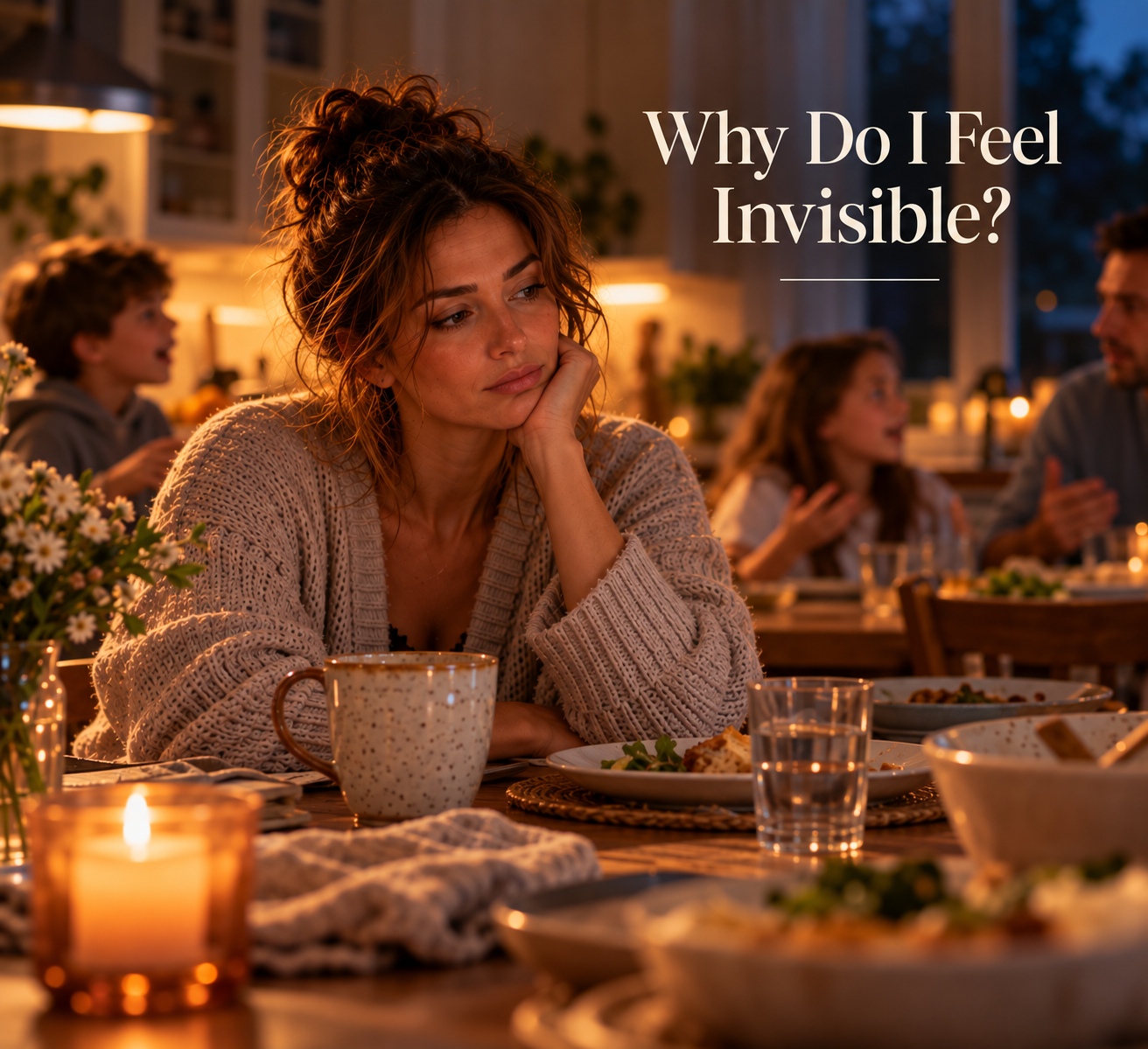 Woman sitting at a family dinner table while everyone talks around her, reflecting the feeling of being needed by others but still feeling invisible