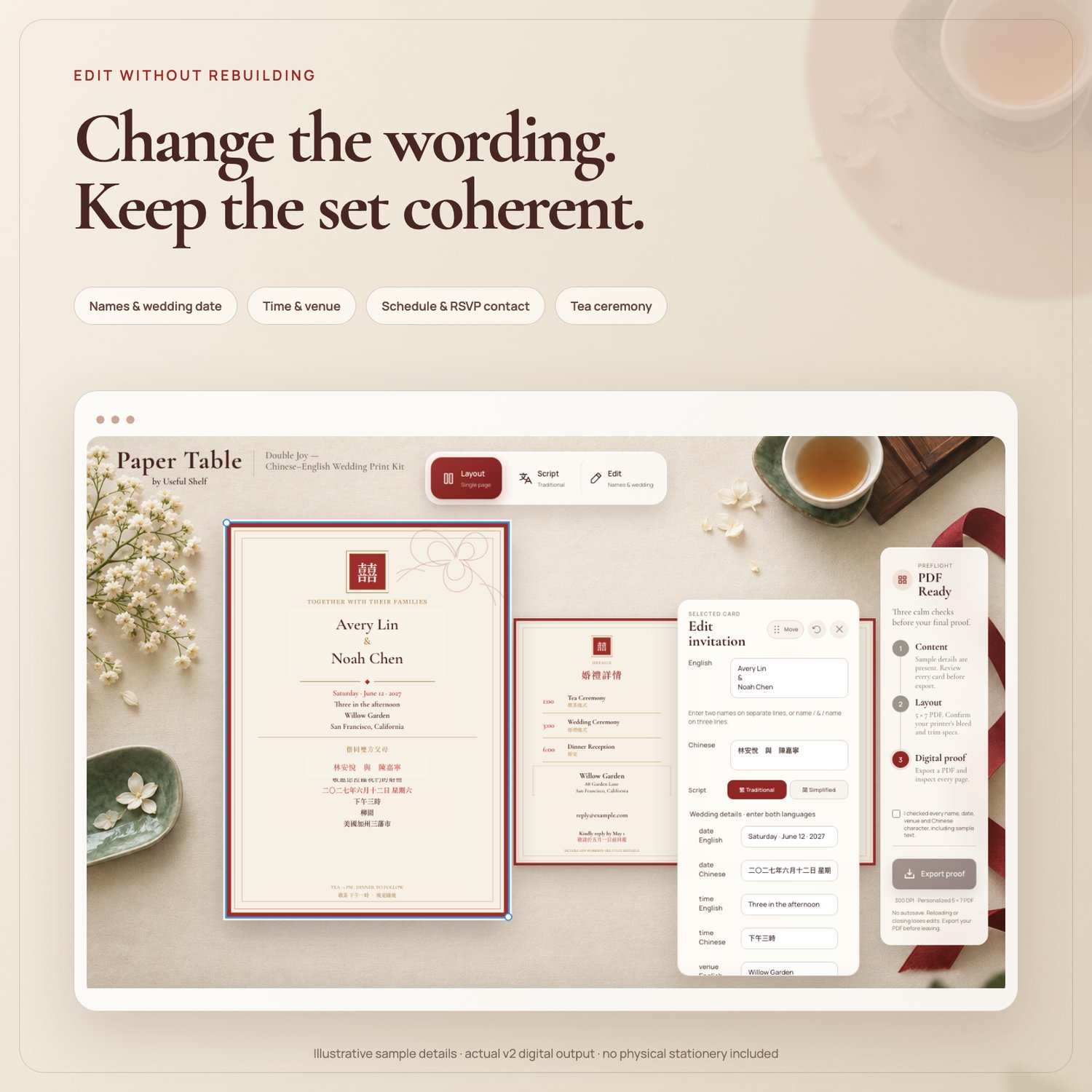 Paper Table editor showing coordinated bilingual wedding cards and a movable editing panel for names, wedding details, schedule, RSVP contact and tea ceremony wording.