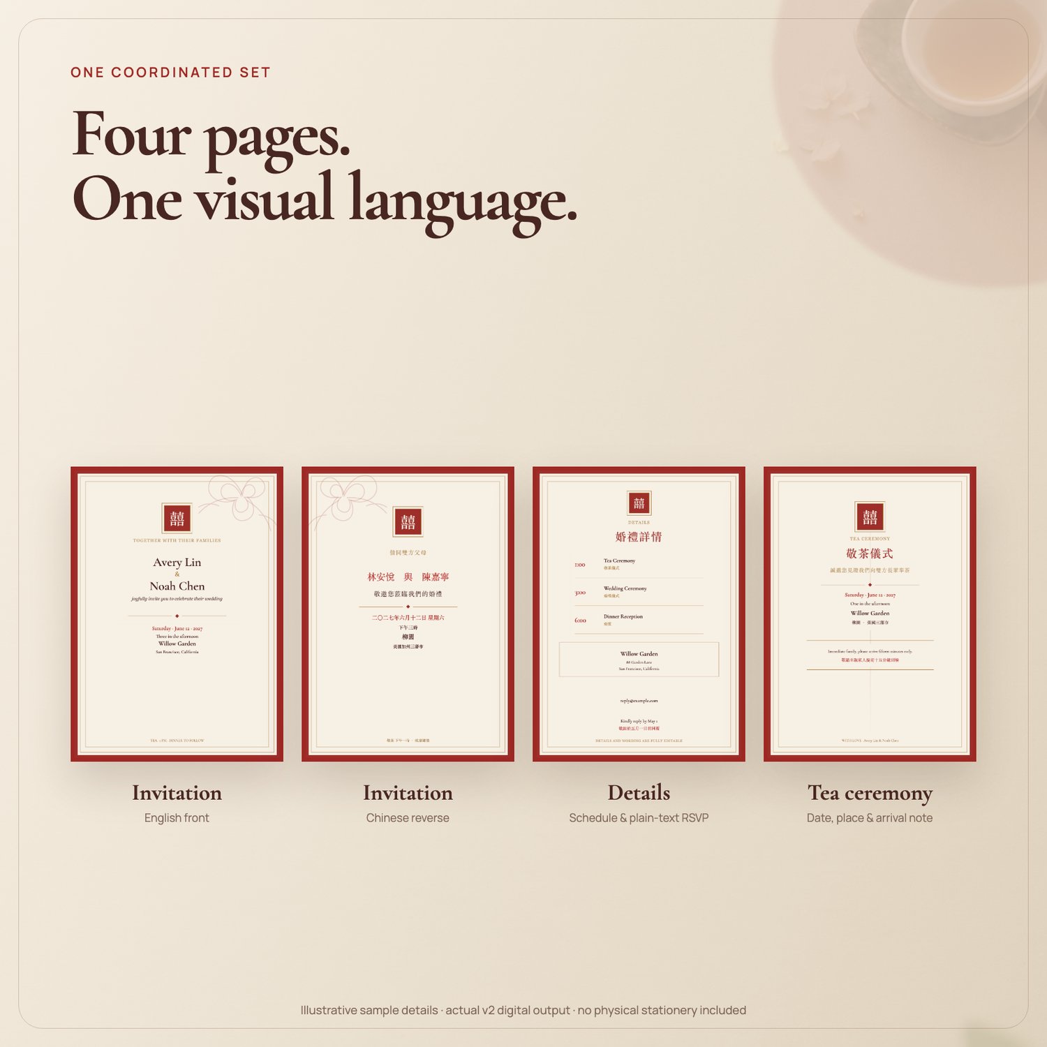 Four coordinated pages: invitation with English front and Chinese reverse, wedding details with schedule and text RSVP, and a tea ceremony card.