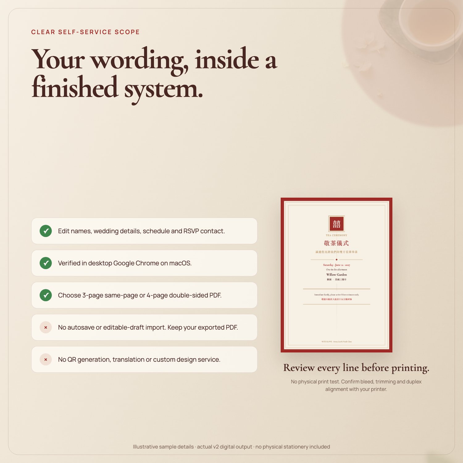 Self-service product boundaries: verified on desktop Google Chrome on macOS; no autosave, editable-draft import, QR generation, translation or custom design service. Review the exported PDF before printing.