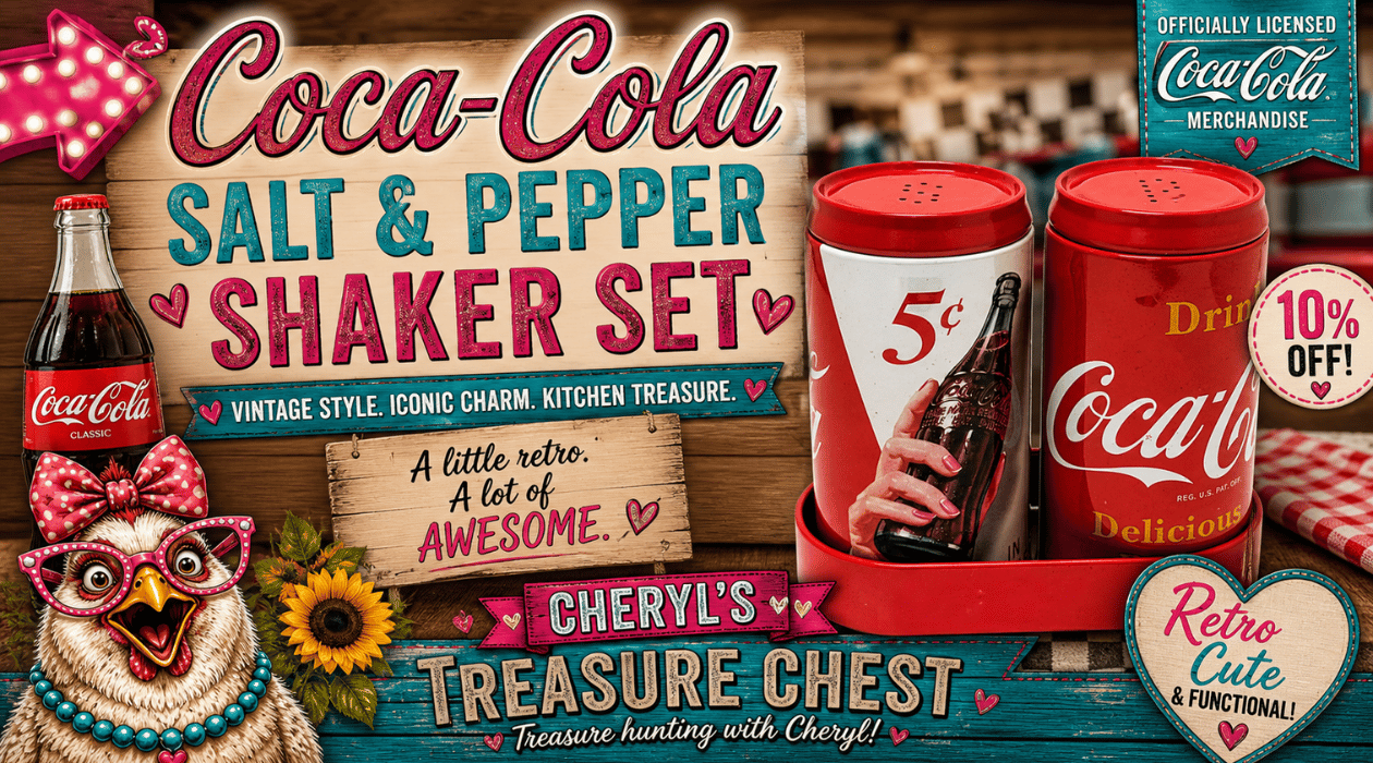 Retro Coca-Cola salt and pepper shaker set in a red caddy displayed on a vintage diner-style background, with a Coca-Cola bottle, sunflowers, playful chicken mascot, and colorful Cheryl’s Treasure Chest branding.