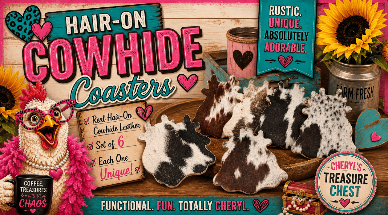 Six unique hair-on cowhide leather coasters in natural black, white, and brown patterns displayed on a rustic wooden table, with farmhouse décor, sunflowers, hearts, and Cheryl’s Treasure Chest branding.