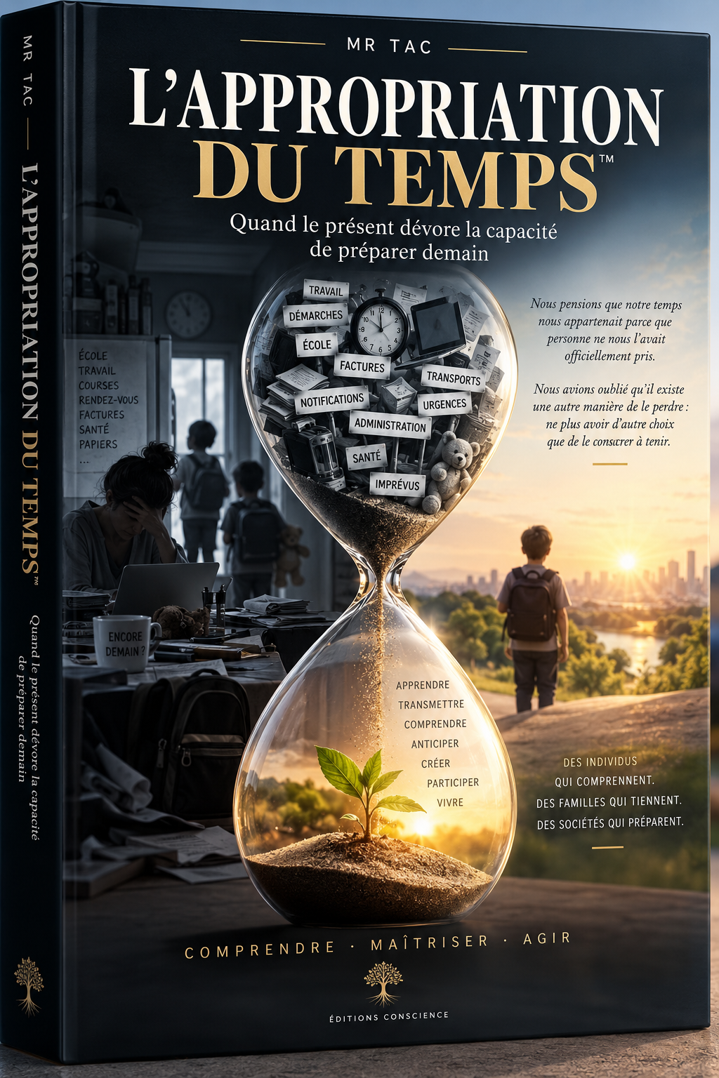 Couverture de L’APPROPRIATION DU TEMPS™ de MR TAC : un sablier entre les tâches du quotidien et l’horizon d’un enfant.