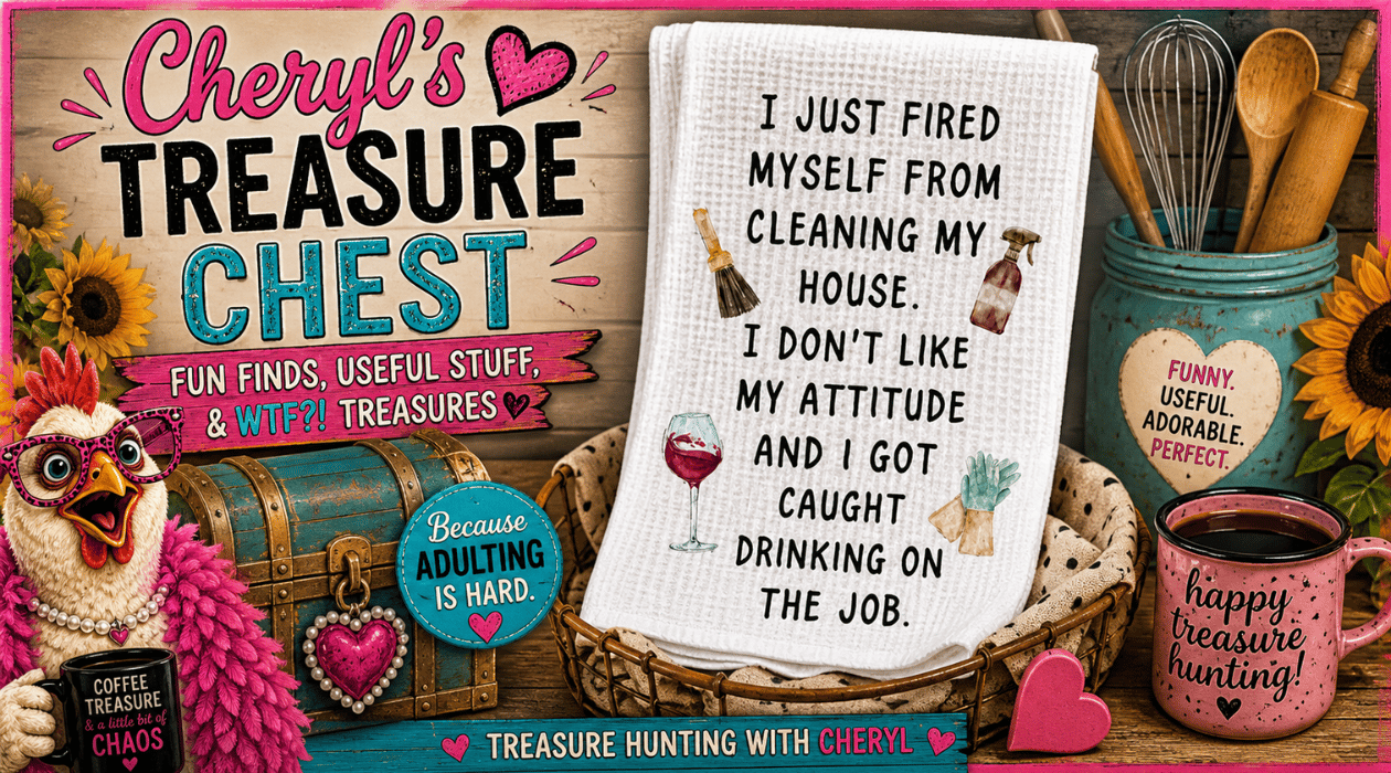 Funny sarcastic kitchen towel displayed in a rustic kitchen scene, reading “I Just Fired Myself From Cleaning My House. I Don’t Like My Attitude and I Got Caught Drinking on the Job,” surrounded by cleaning and kitchen accents, sunflowers, treasure chest 