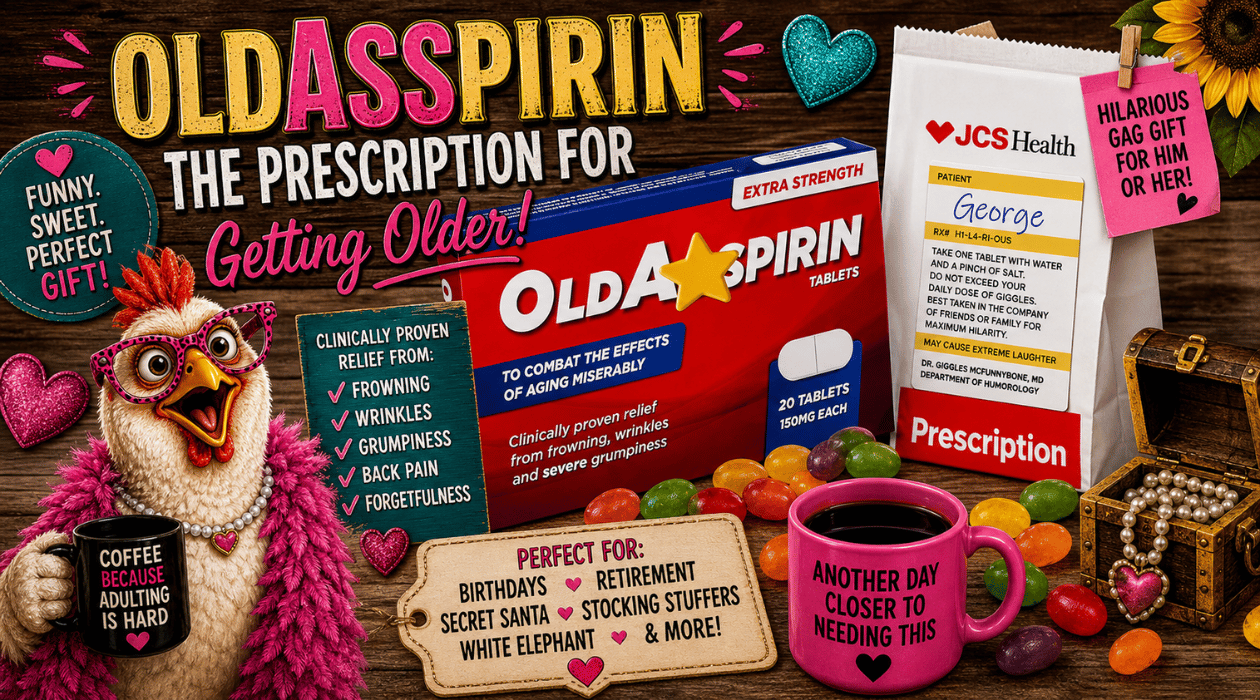 OldAsspirin novelty jelly bean gift box and prescription-style bag displayed on a rustic wood table with colorful jelly beans, surrounded by playful gag-gift decorations, hearts, sunflowers, treasure chest imagery, Clucky Diva, and bold Cheryl’s Treasure 