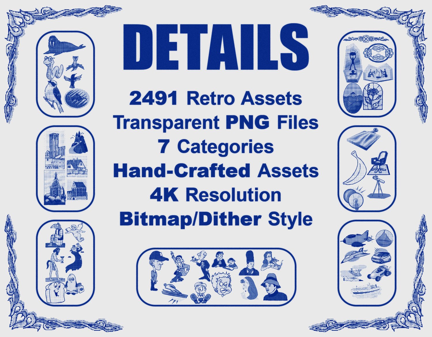 Details graphic for a retro cartoon bitmap asset pack showing sample clipart of animals, buildings, and people in blue dithered halftone style, with text listing 2491 retro assets, transparent PNG files, 7 categories, hand-crafted assets, 4K resolution, a