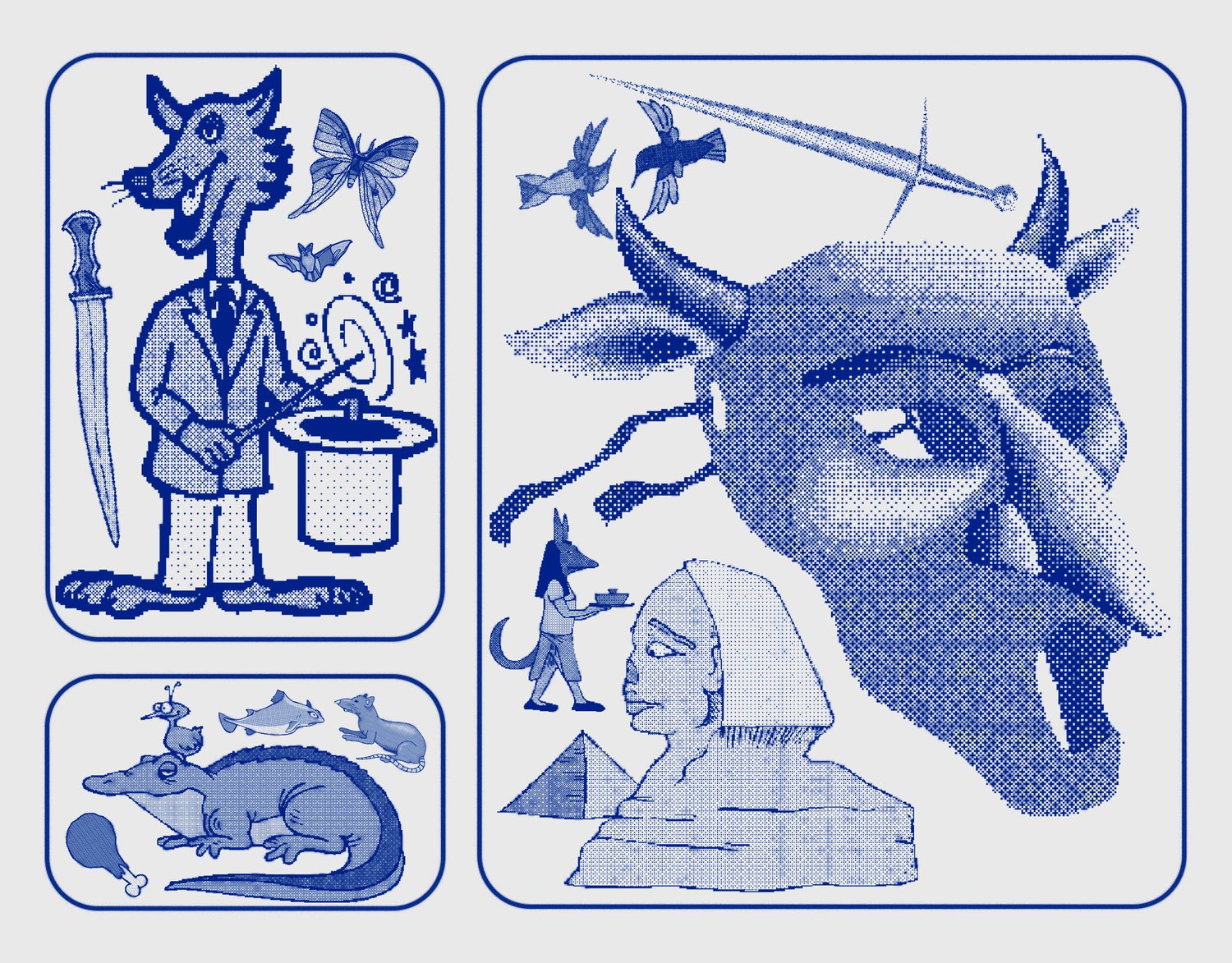 Grid of retro cartoon bitmap illustrations including a cartoon fox in a suit with a magic hat, a crocodile carrying animals on its back, flying birds, a sword, and an Egyptian sphinx and pyramid scene, all rendered in blue halftone dot style.