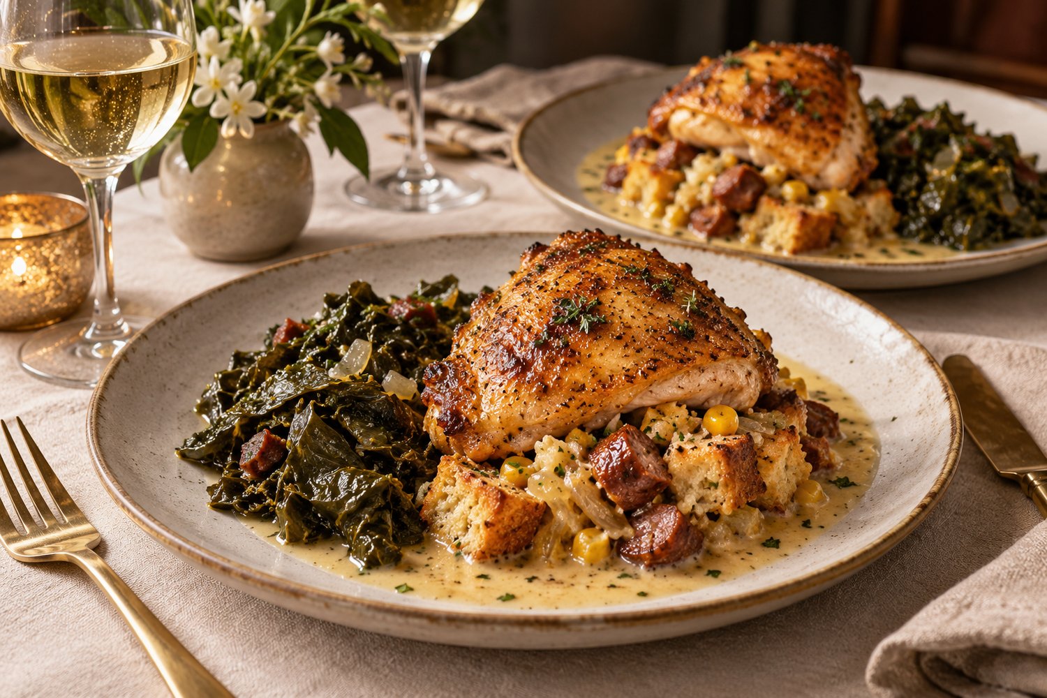 Poulet Tchoupitoulas for two with Creole-roasted chicken, andouille sweet-corn bread pudding, Southern greens and white-wine gravy.