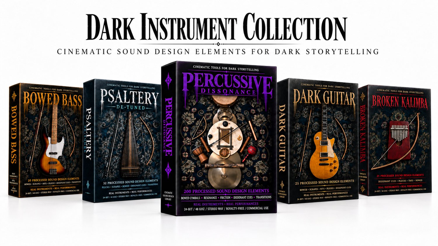 Browse the Dark Instrument Collection: 5 original sound design packs with 300 unique recordings from real instruments for filmmakers, game developers, editors, sound designers, composers and content creators working in dark cinematic storytelling.