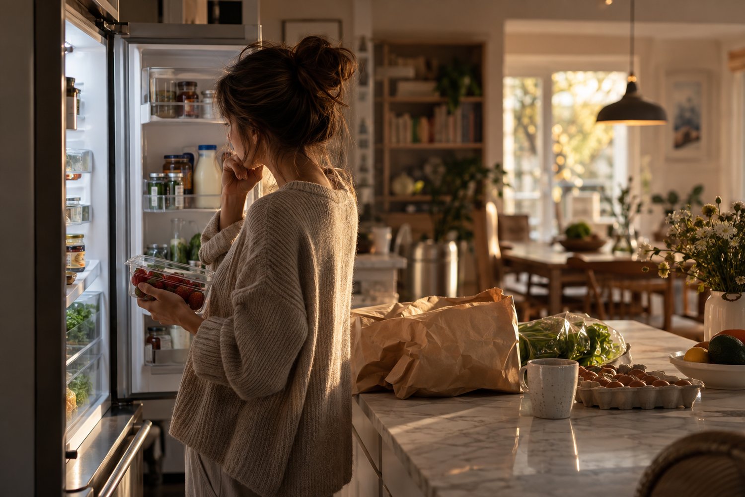 Woman standing in her kitchen putting away groceries, pausing in front of the refrigerator as she reflects on why her life feels unfulfilling despite everything seeming fine.