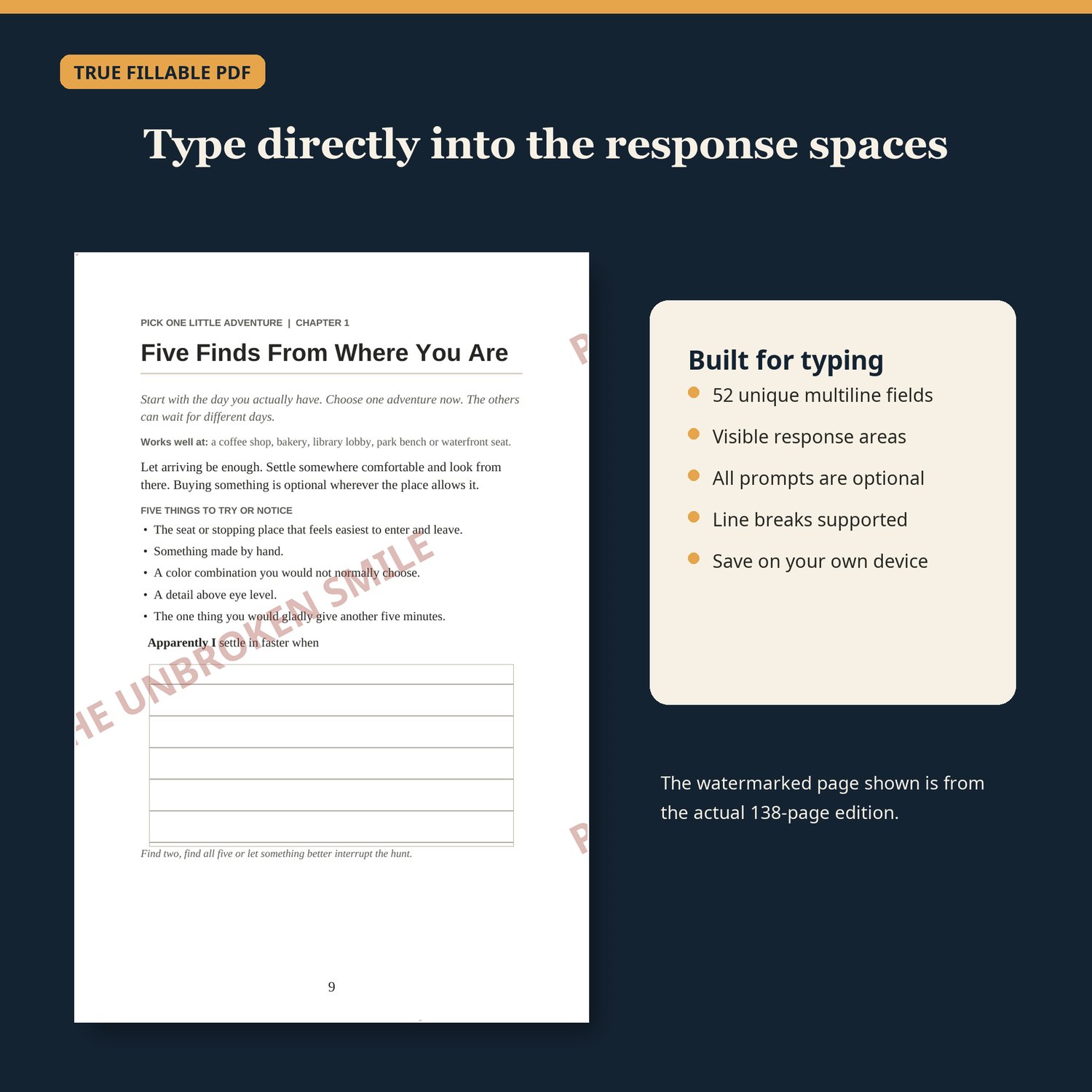 Watermarked real interior page titled Five Finds From Where You Are beside a list of fillable PDF features.